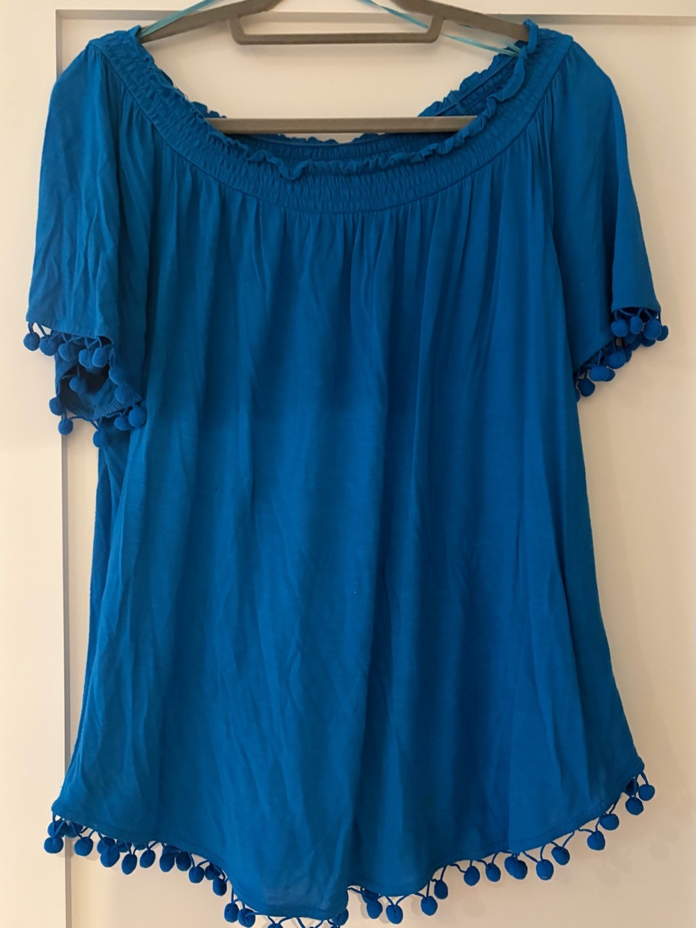 INC International Concepts Bright Blue Off-Shoulder Pom-Pom Tunic